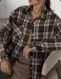 Dark brown retro striped women's long sleeve shirt made from cotton, shown with and without a chest pocket.