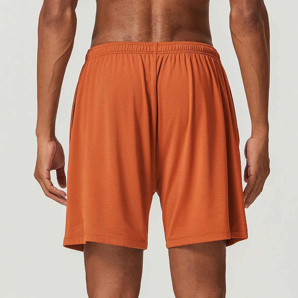 Men's quick-drying breathable running shorts in sky blue colour, showing double-layer construction and mid-waist fit.