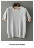 Men's round neck pure wool short sleeve sweater in white, grey and black colours