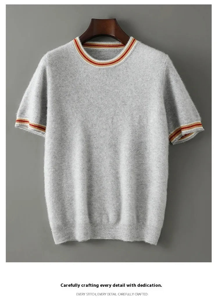 Men's round neck pure wool short sleeve sweater in white, grey and black colours