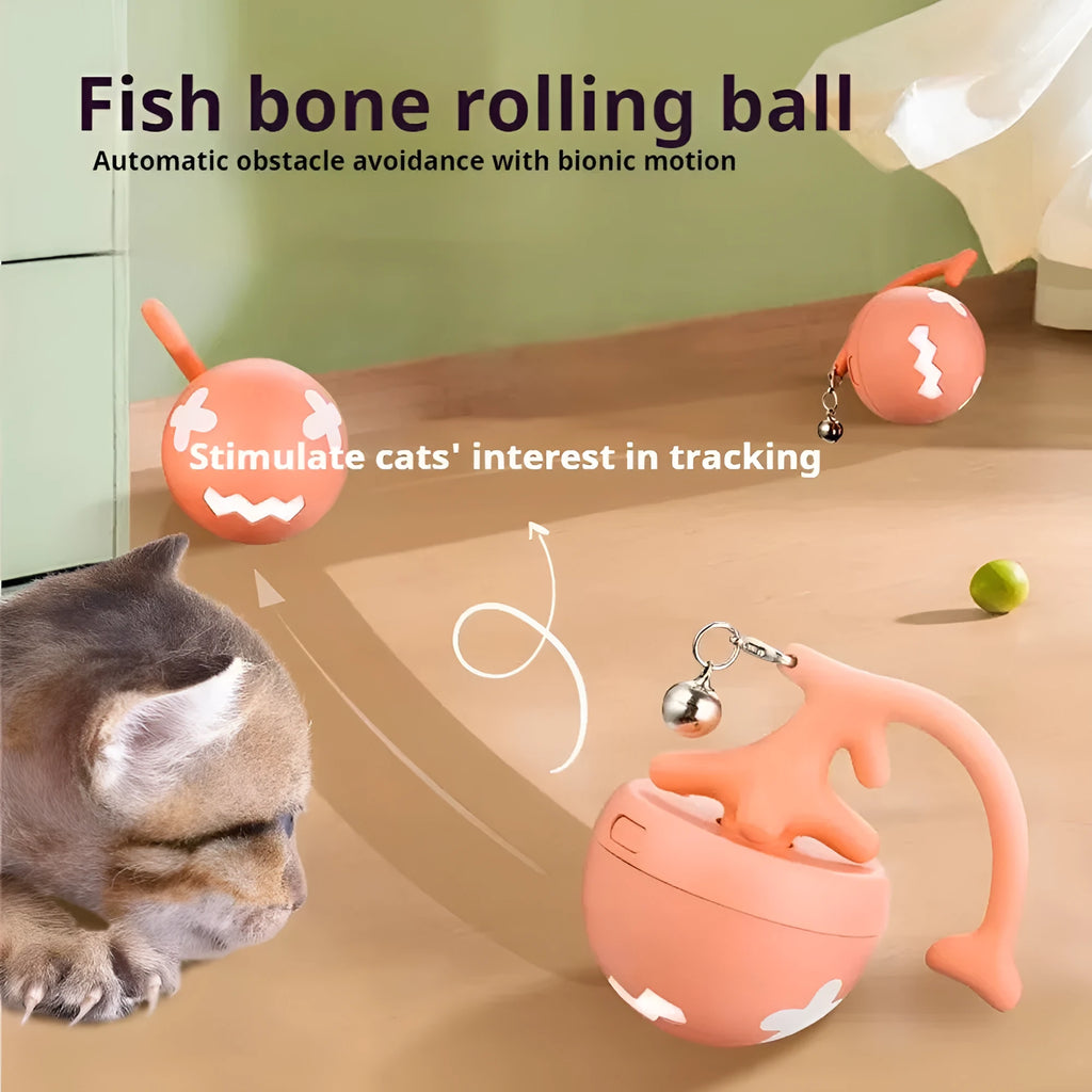Electric cat fish bone toy with rolling ball and replaceable feather in blue colour