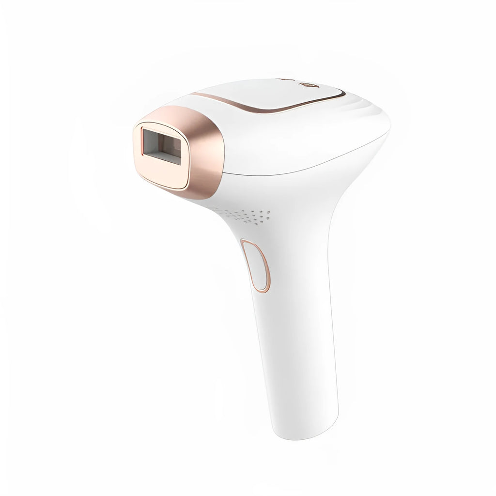Pink and white three-in-one ice-sensing laser hair removal device with shaver attachment and protective glasses