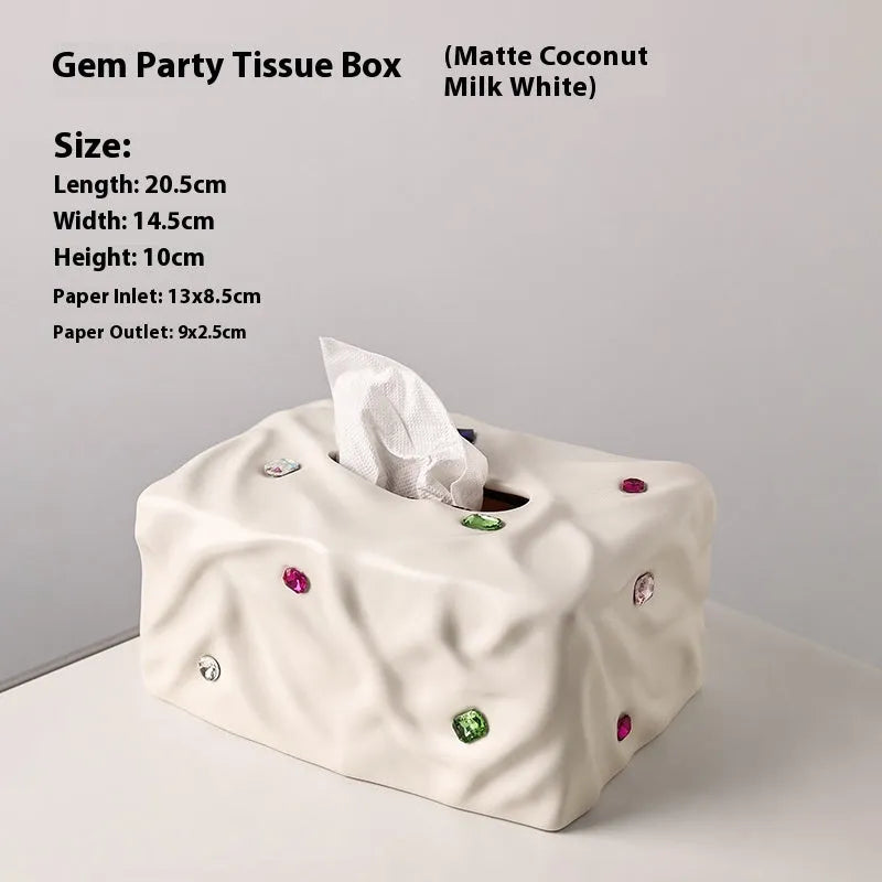 Light luxury ceramic tissue box with gem party design in matte coconut milk white finish