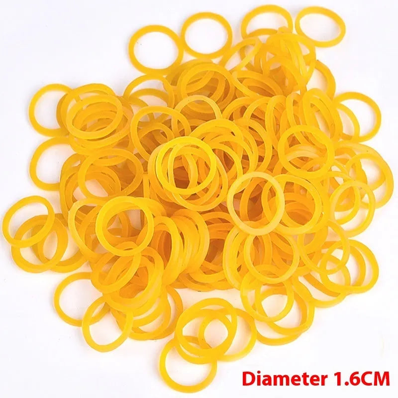 500g pack of yellow rubber bands showing multiple diameter sizes from small to large