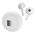White Budz5 wireless Bluetooth earbuds with semi-in-ear design and their compact charging compartment.