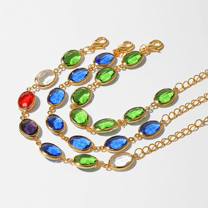 Copper bracelet with 18K gold plating and blue glass inlay, geometry shape, women's fashion OL style