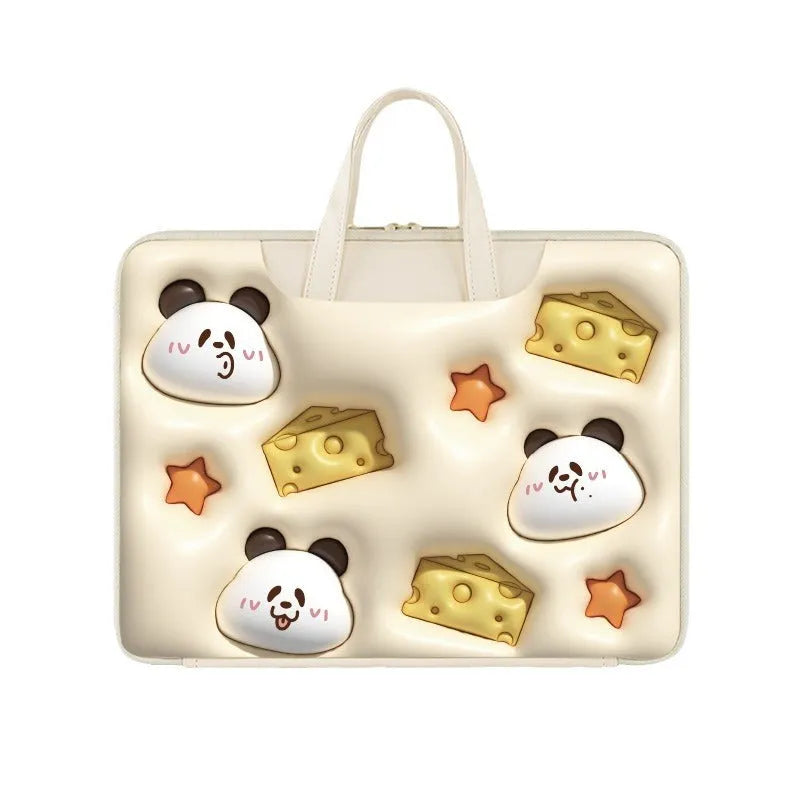 Inflatable laptop bag with PU leather in Cat Beige colour, hanging on a suitcase, showing 13.3 inch size option.