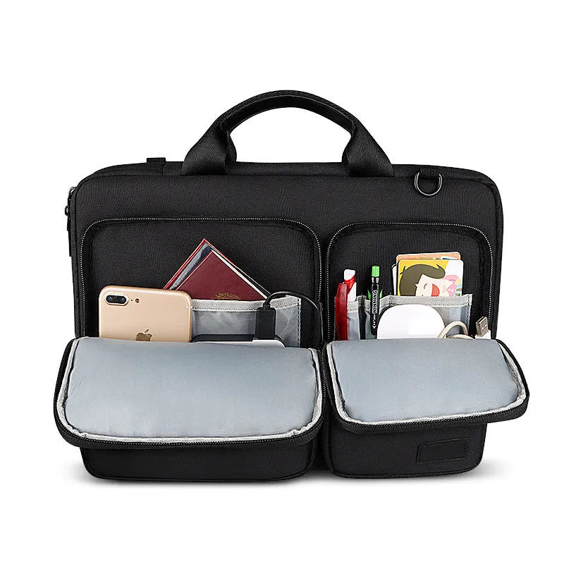 Shock proof polyester shoulder laptop bag in black with retractable handle and zipper opening