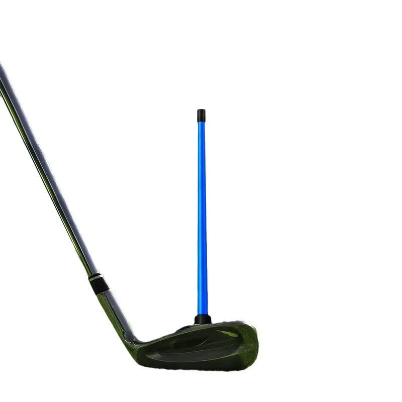 Red and blue aluminium alloy golf swing trainer with magnetic direction bar.