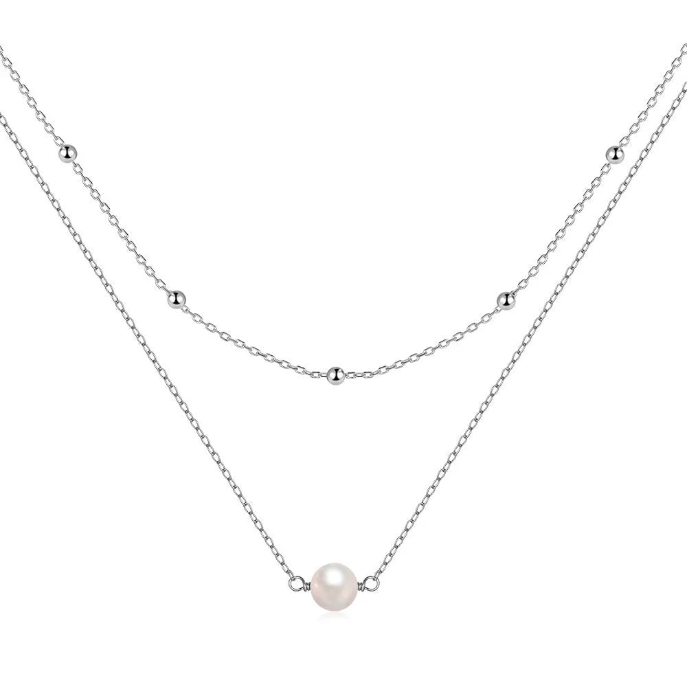 Sterling silver double layer pearl necklace with geometric pendant on ball bead chain