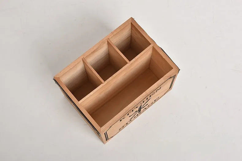 Wooden kitchen storage box with grid compartments for knives forks and chopsticks