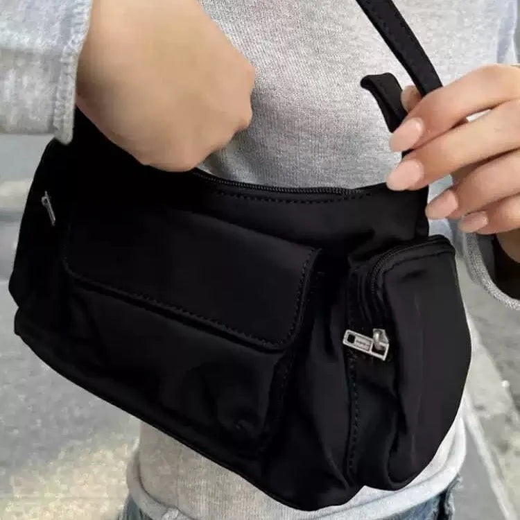 Black nylon women's shoulder bag with double pockets and side-line detailing