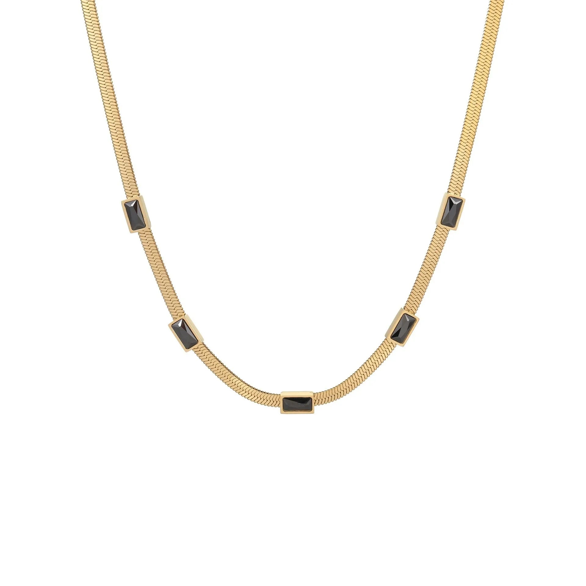 Retro geometric square zircon pendant on a stainless steel flat snake chain necklace in a gold colour finish.