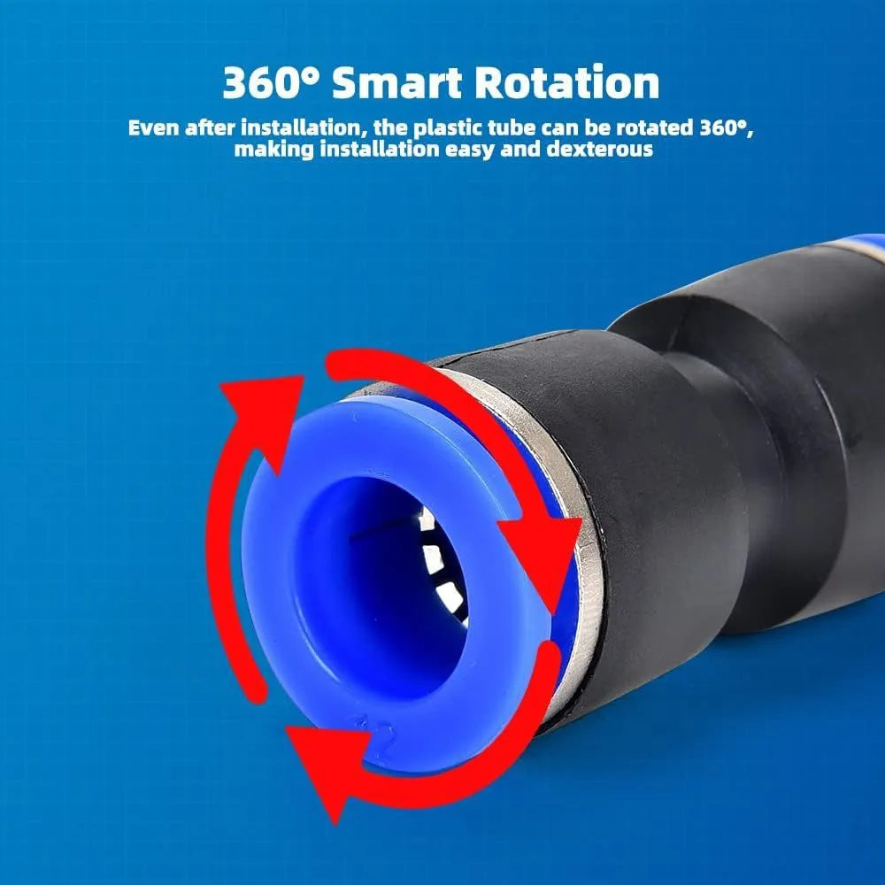 Assortment of 60 grey alloy plastic pneumatic push-in quick connectors with R1/4 and R1/2 threads.