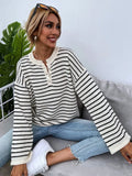 Black women's striped casual top with long sleeves and drop-shoulder design
