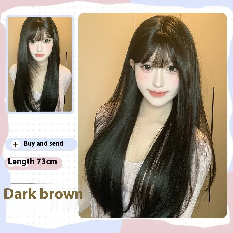 Dark brown long straight hair wig with bangs on a wig stand, full-head design, high temperature fibre