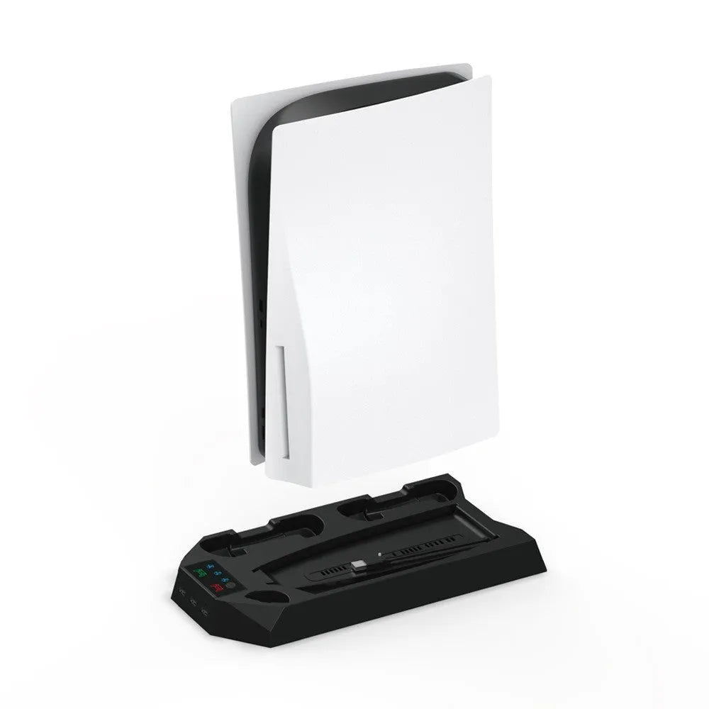 White PS5 charging dock radiator base holding console and charging controllers