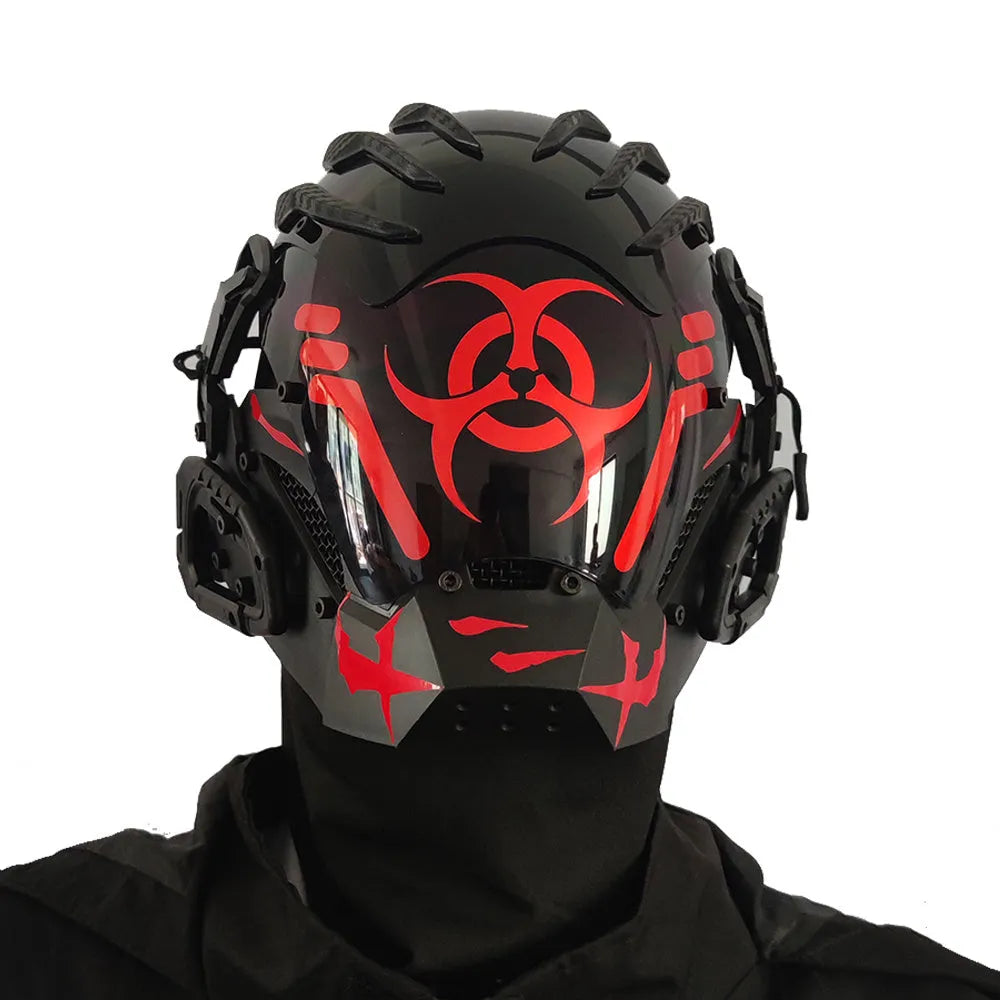 Black biohazard tech creative prop helmet for full face costume coverage