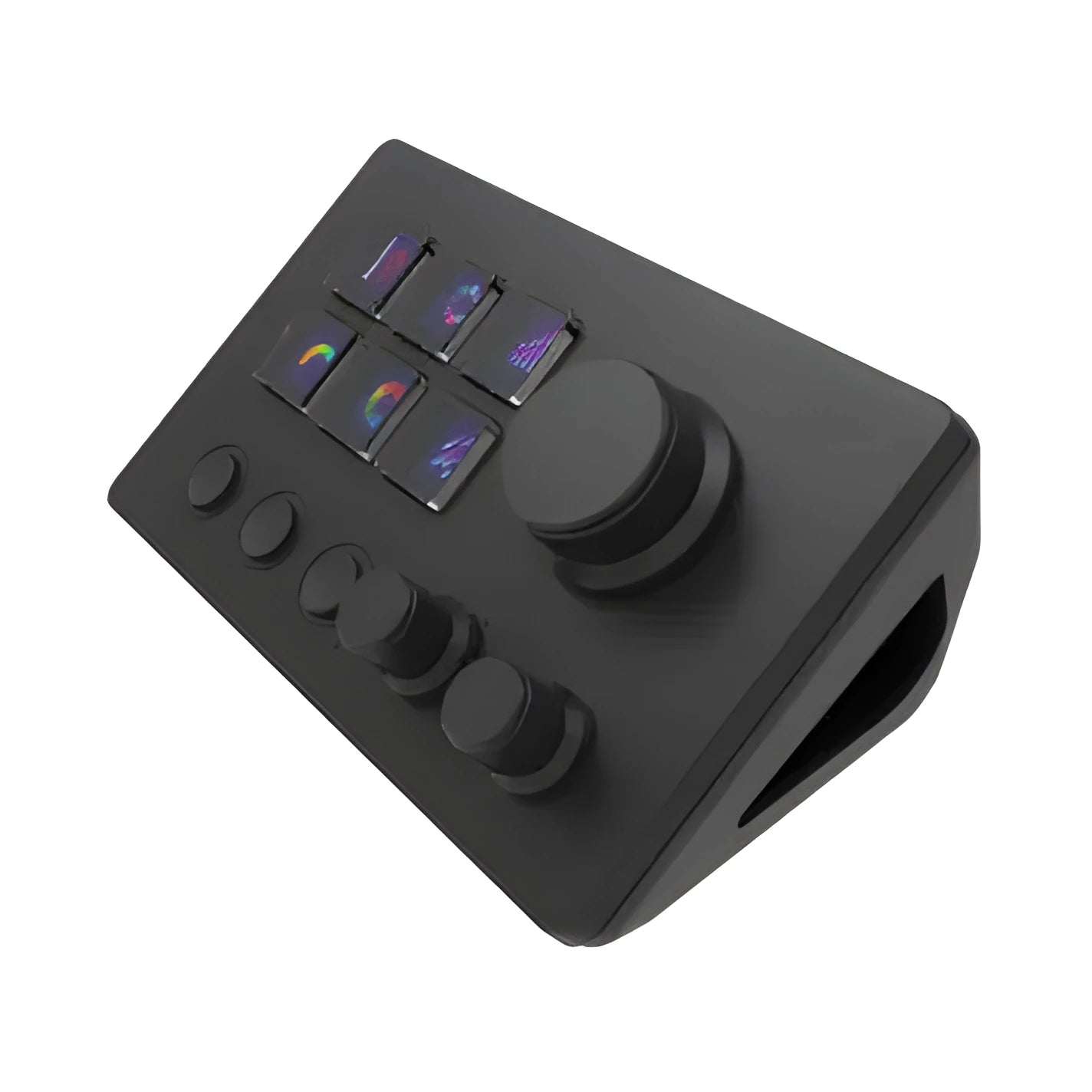 Black silica gel numeric keypad with adjustable bracket and USB cable on desk