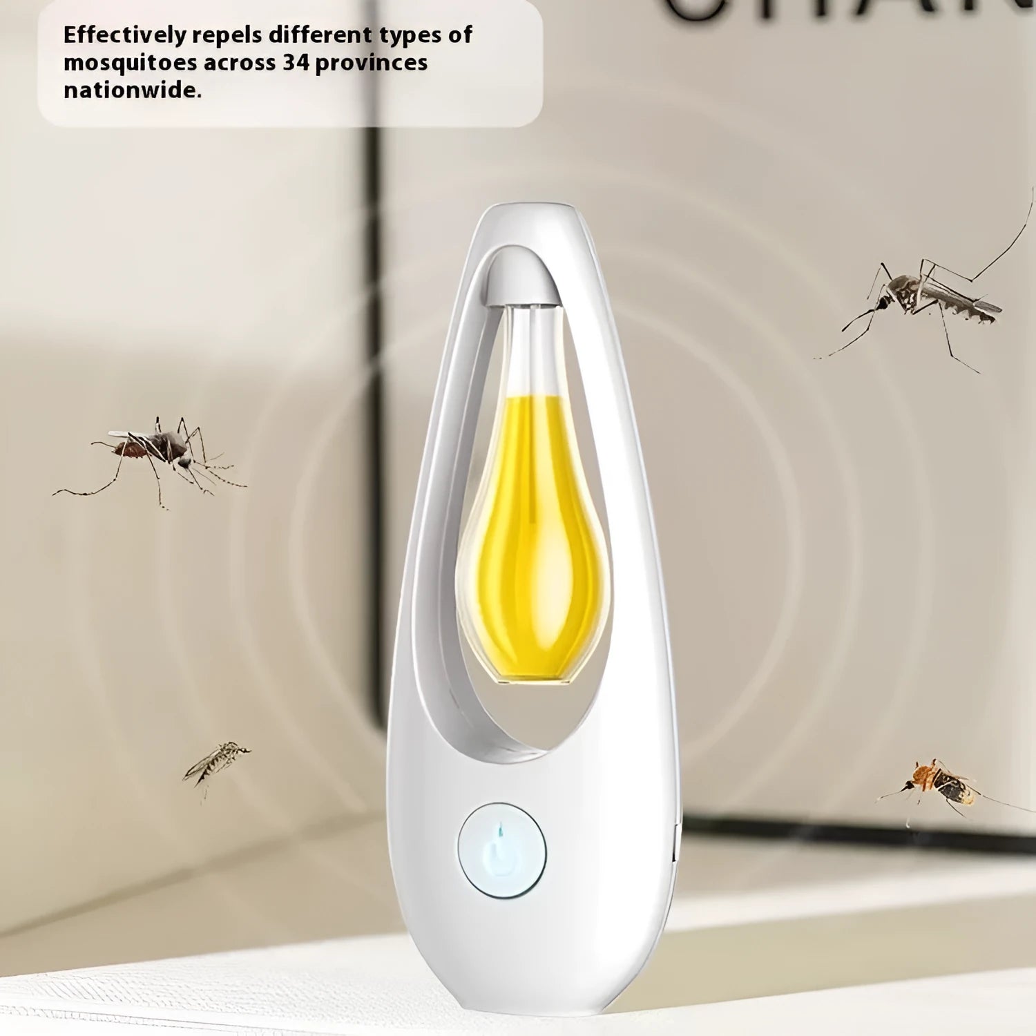 Ultrasonic aroma diffuser with mosquito repellent in a compact plastic design on a table, with essential oil bottle beside it