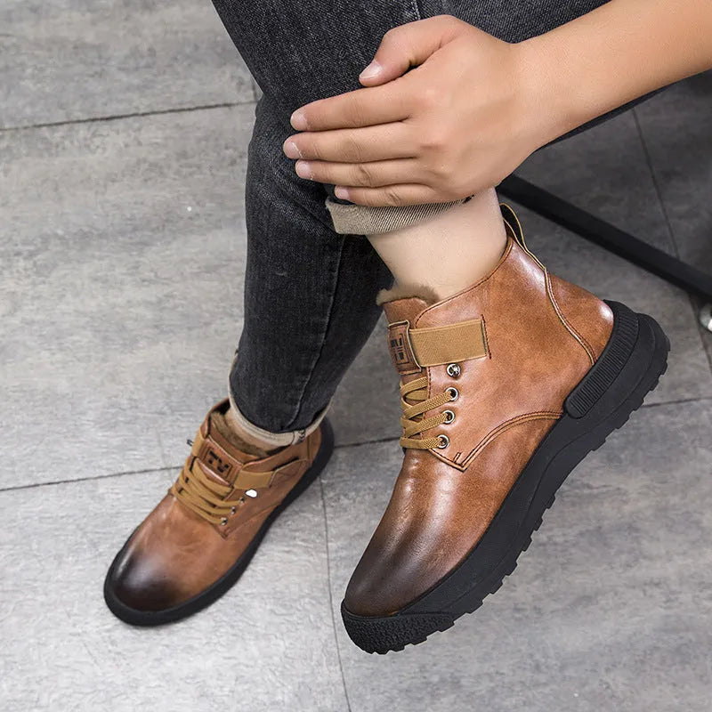 Men's black high-top Martin platform boots with velvet-like PU upper and chunky rubber sole.