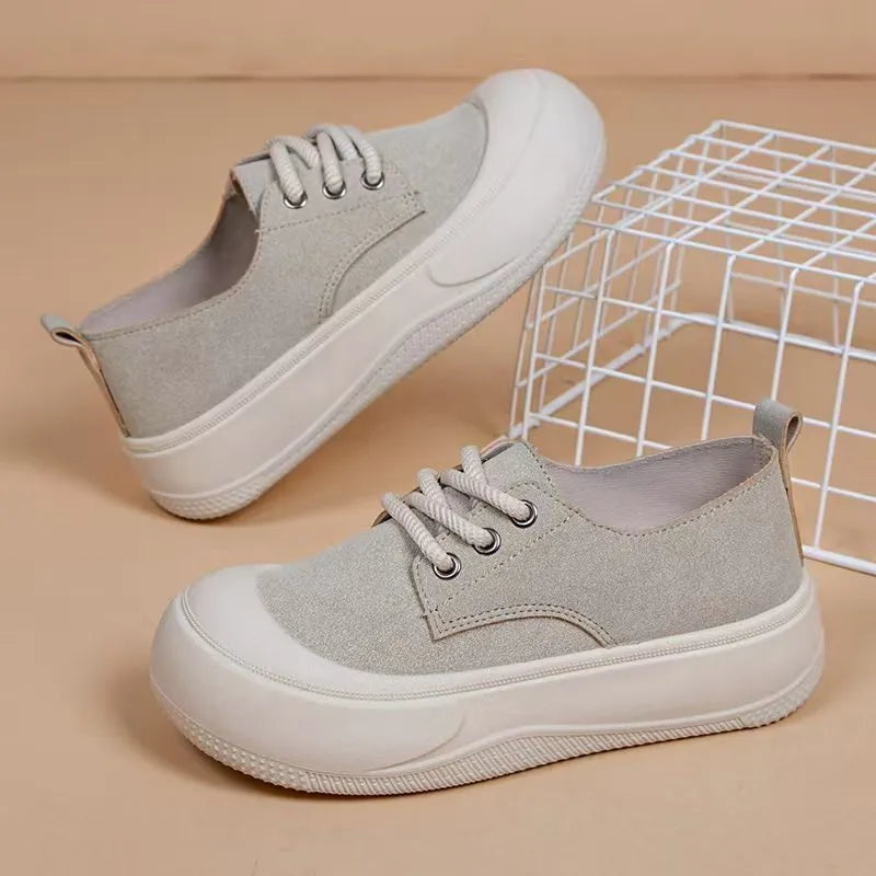 Women's casual platform round toe loafers in beige with suede upper and rubber sole