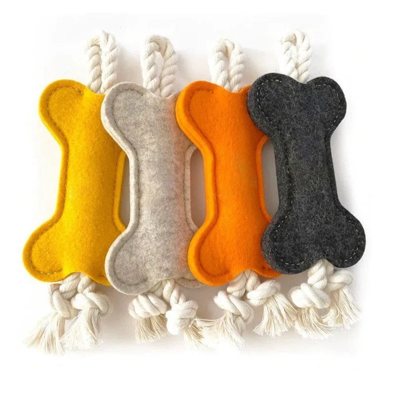Bone-shaped dog toy with rope knot and felt, 16cm, in four colours