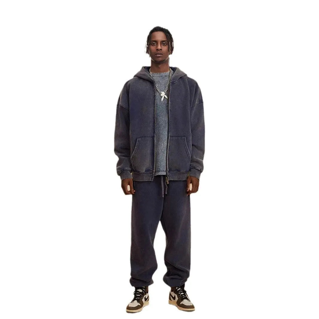 Men's washed cotton hooded cardigan sweater with fleece lining and double zipper front in dark green colour