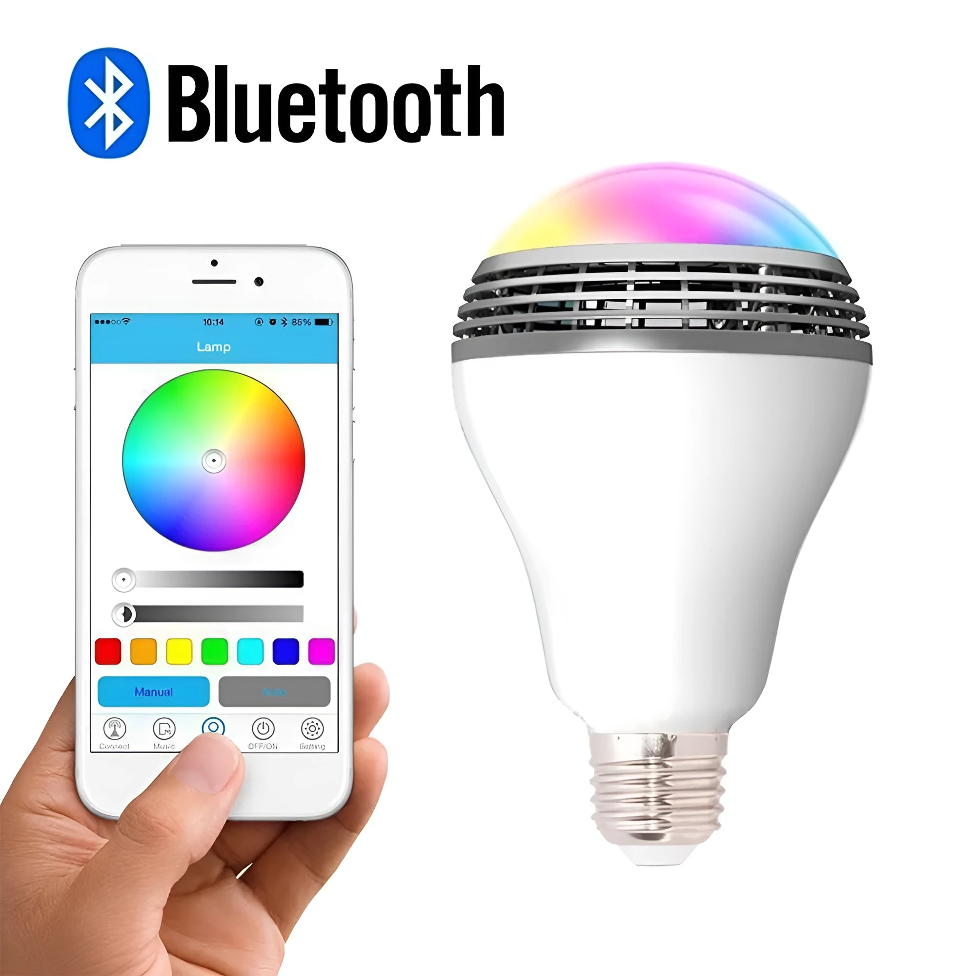 Smart LED bulb with integrated Bluetooth speaker for E27 lamp holders, showing colour-changing RGB light.