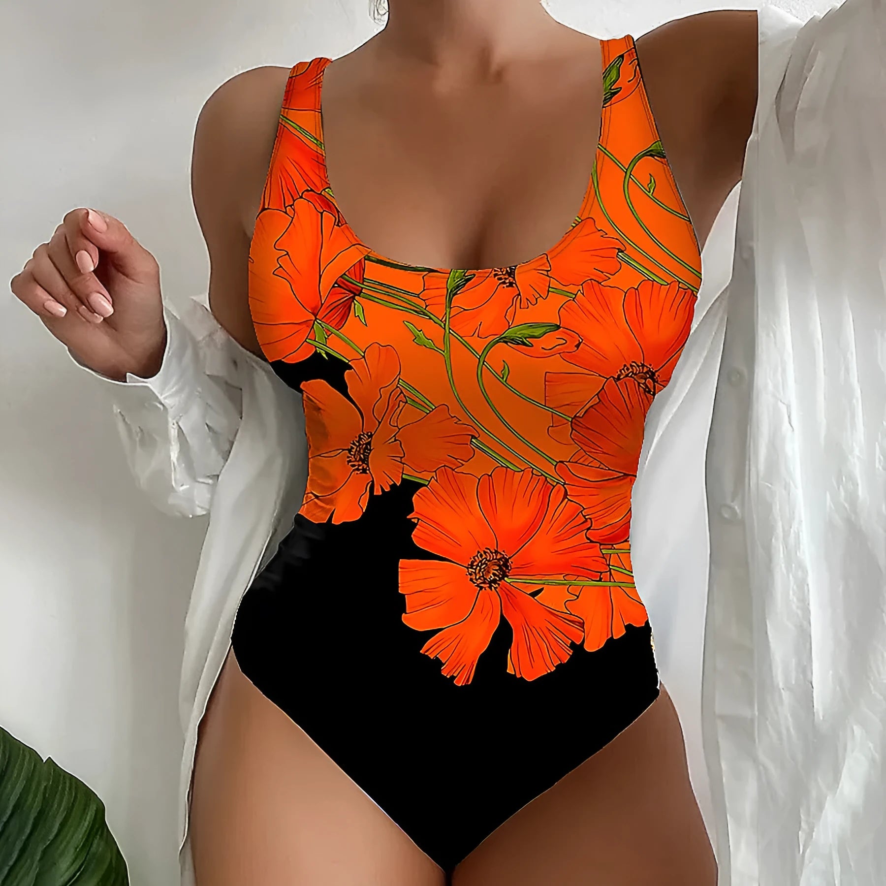 Women's slim fit backless one-piece swimsuit with orange flowers print in polyester