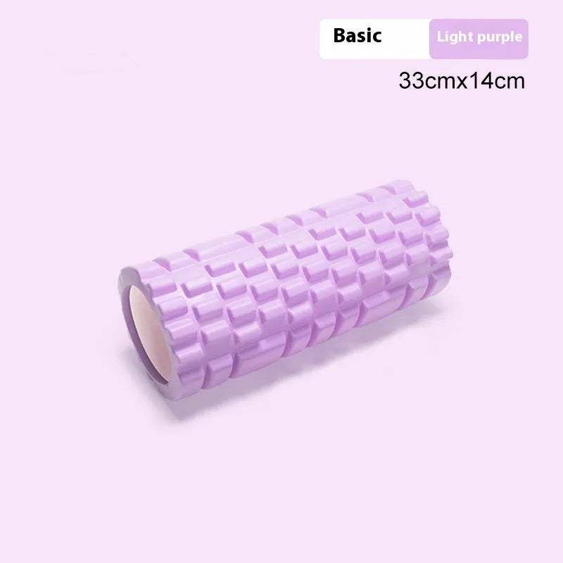 EVA foam roller for fitness recovery in black, shown beside colour options including grey, pink and sky blue