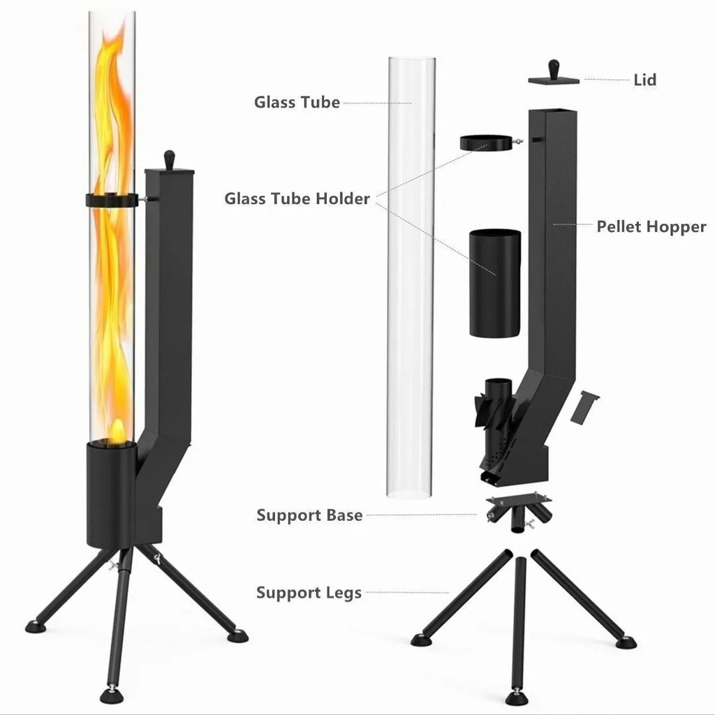 Vertical iron rocket furnace wood burning stove for courtyard heating.
