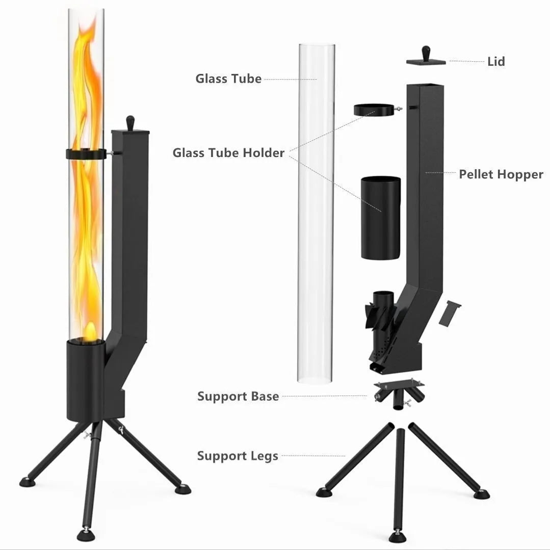 Vertical iron rocket furnace wood burning stove for courtyard heating.