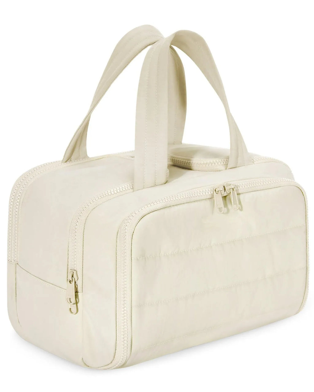 Large open travel toiletry bag in polyester fabric showing interior pocket and zip closure.