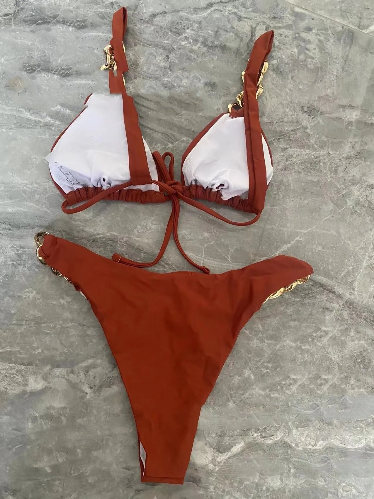 Brown tube-top push up bikini swimsuit with adjustable ring tether for women