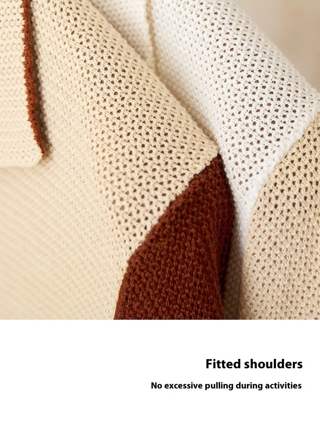 Hollow cotton linen lapel short sleeve cardigan knitted top in beige and chocolate colours on white background