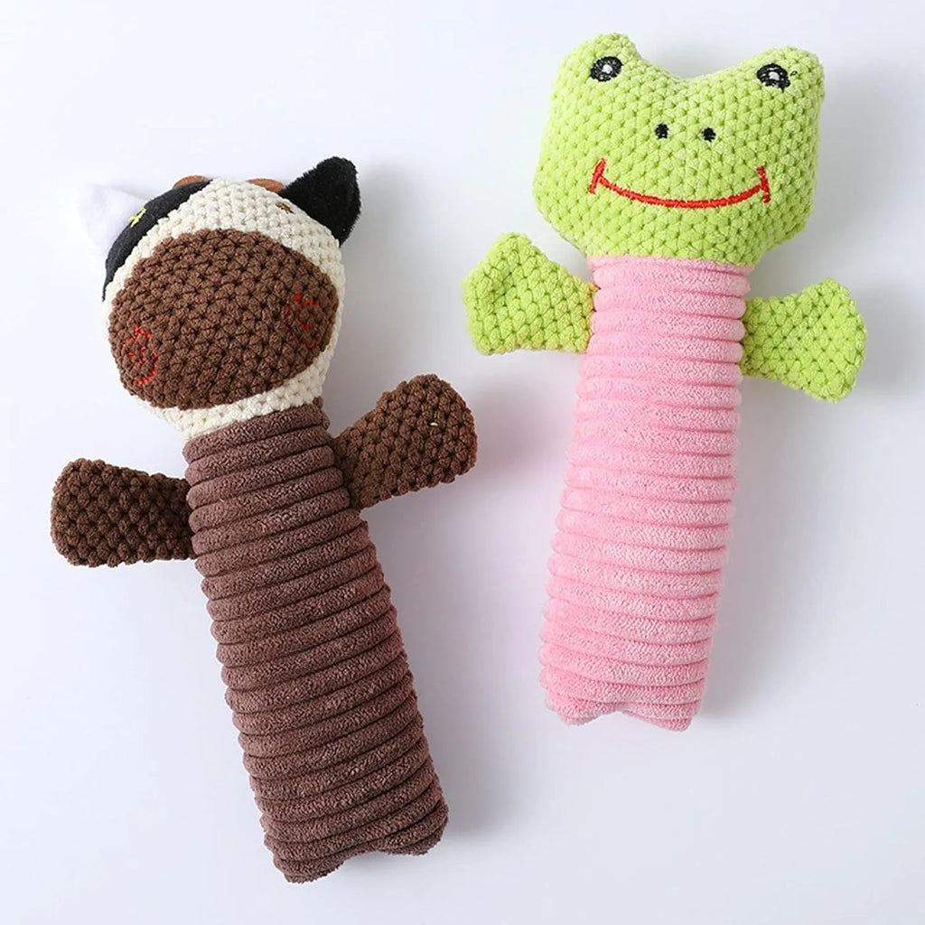 Squeaky stuffed dog chew toy measuring 19cm for dental cleaning and teething relief