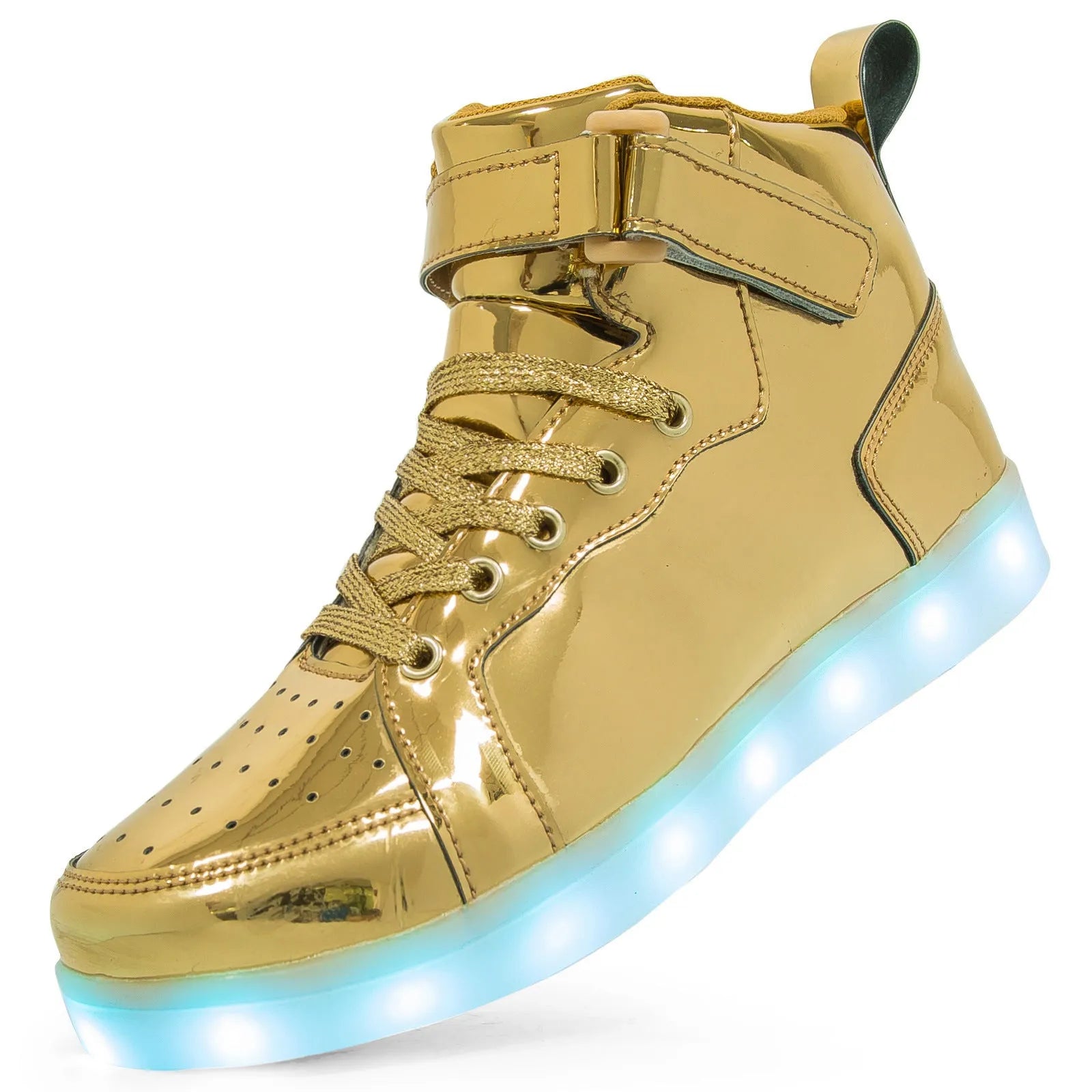 LED high-top board shoes in black, gold and white colours with Velcro fastening and rubber soles