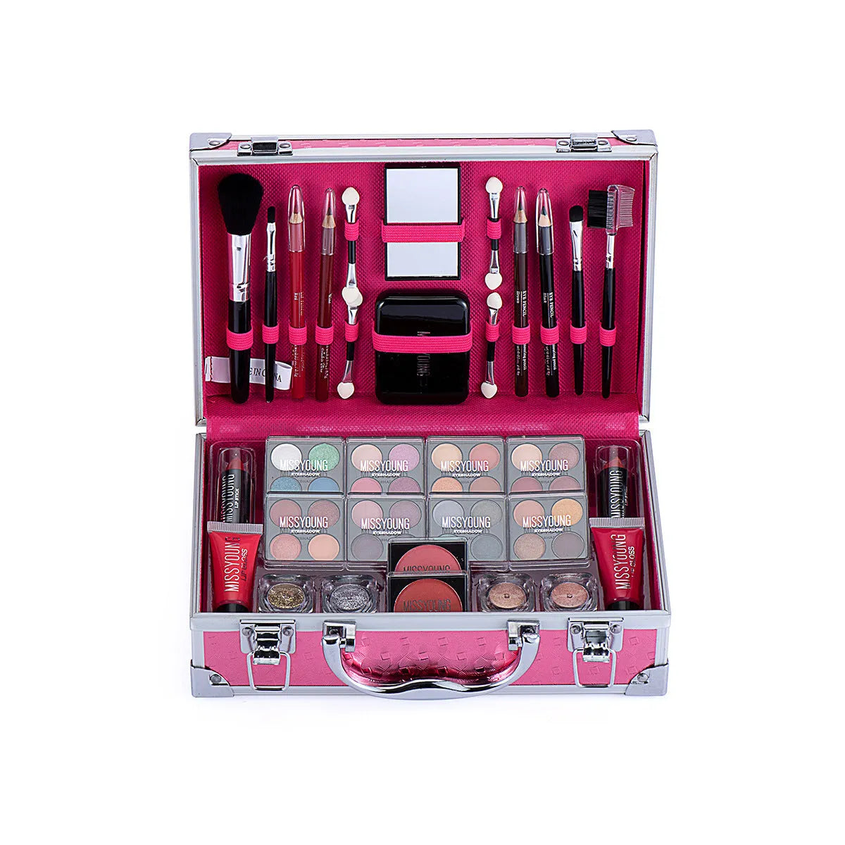 Creative Colorful Eyeshadow Lipstick Cosmetics Set in pink and silver, including lipstick, eyeshadow, and brush in a compact case
