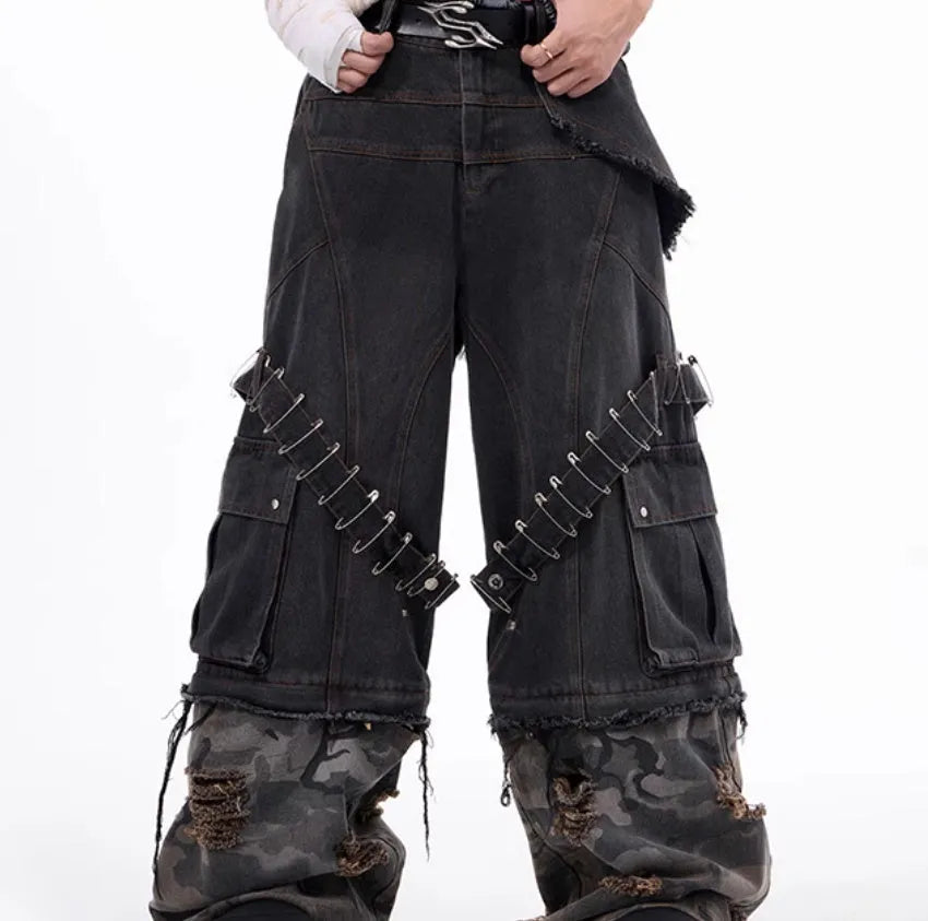Men's grey jeans with camouflage pattern and ribbed fabric panelling detail, long leg