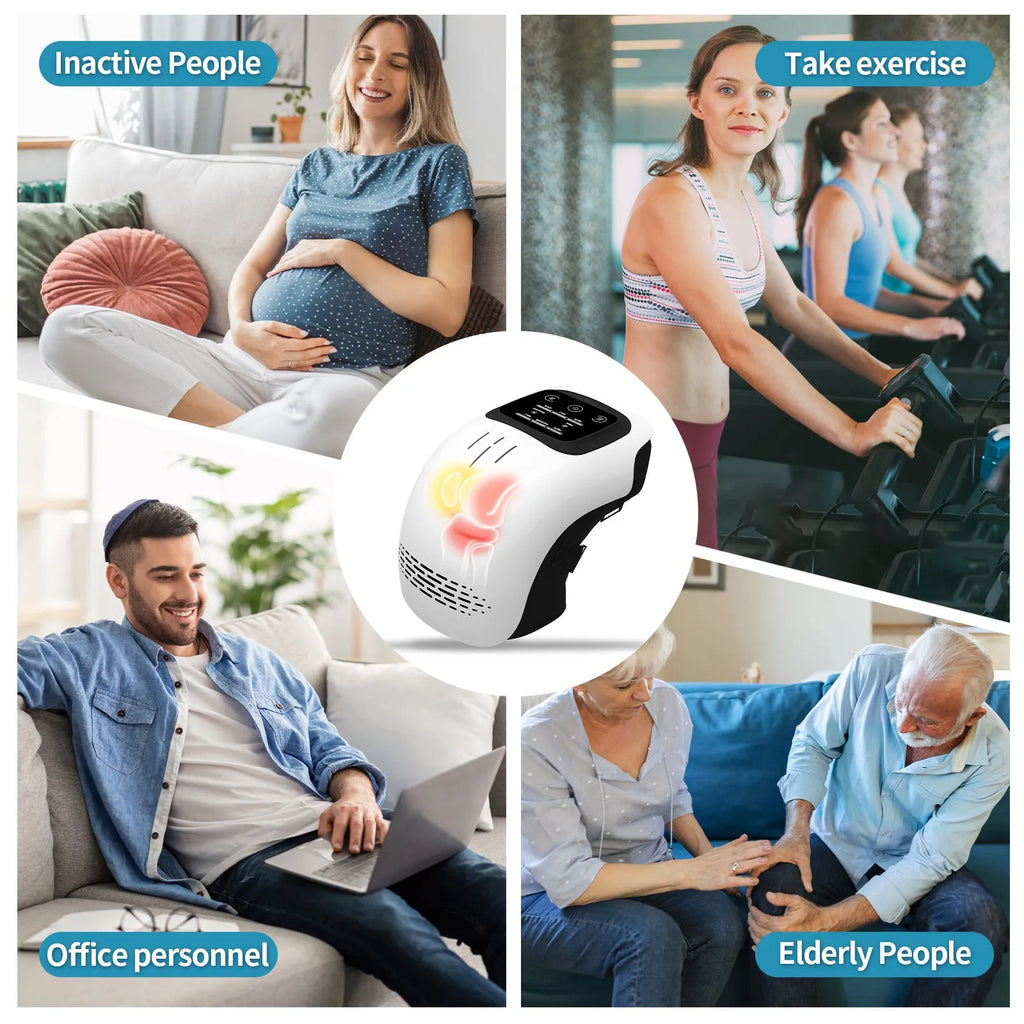 Electric knee massager with intelligent kneading and heating, white colour, USB rechargeable, placed on a sofa