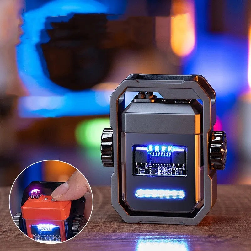 Blue Pulse electric arc lighter showing the double plasma arc and the mechanical gyroscope design.