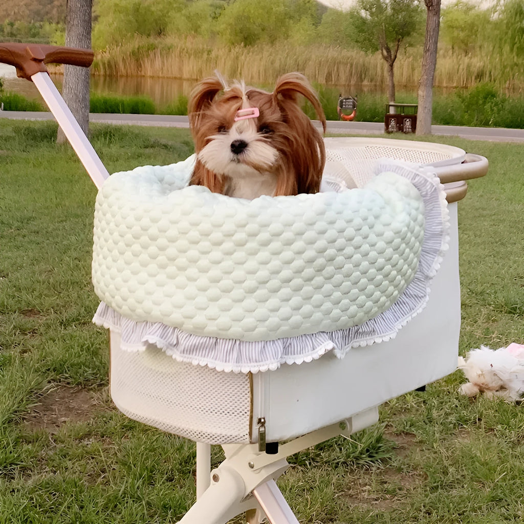 Pure cotton pet stroller set showing removable towel, cushion, and pillow in a floral pattern.
