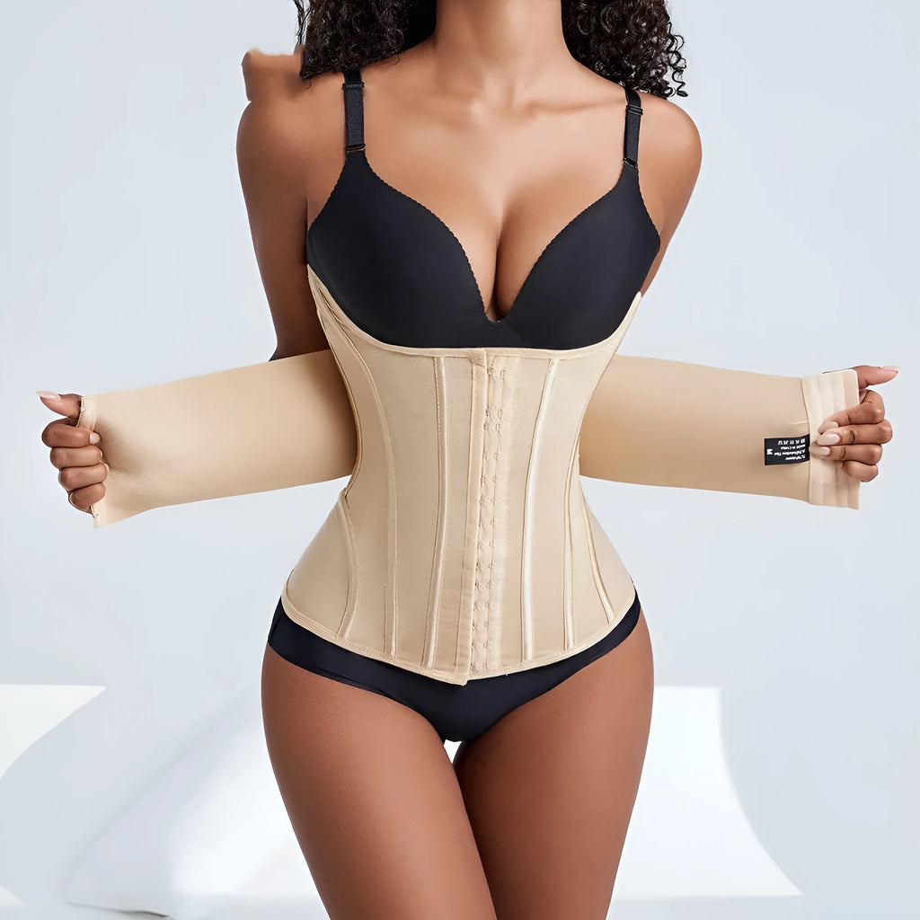Nylon belly band waist trainer in black or apricot colour showing size range from XXXS to 3XL