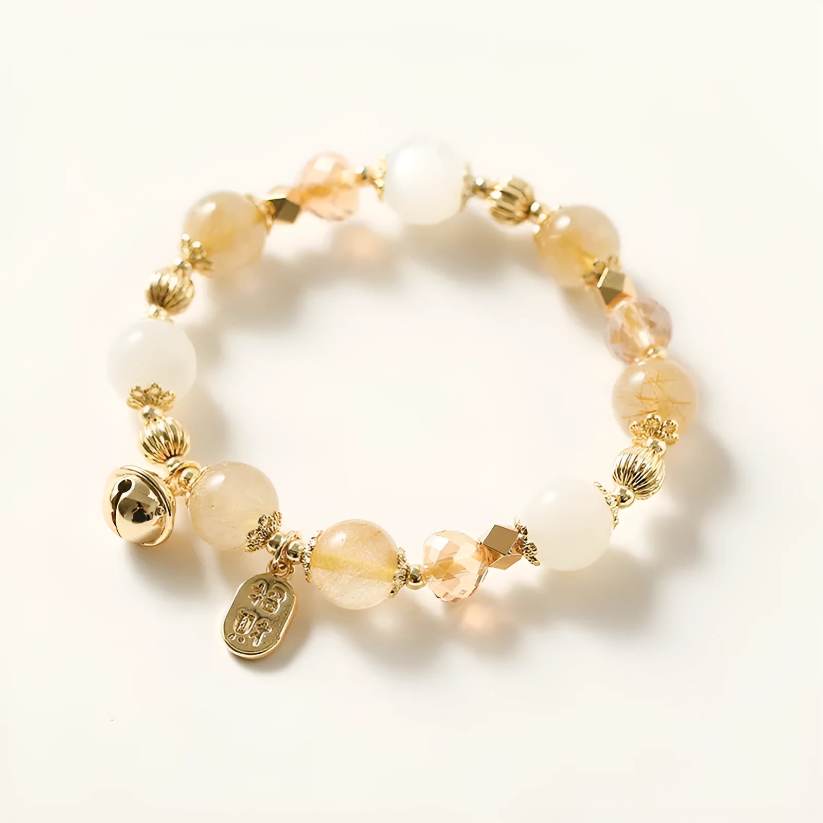 Gold electroplated rutilated quartz crystal bracelet in Korean style with Lucky Fortune colour