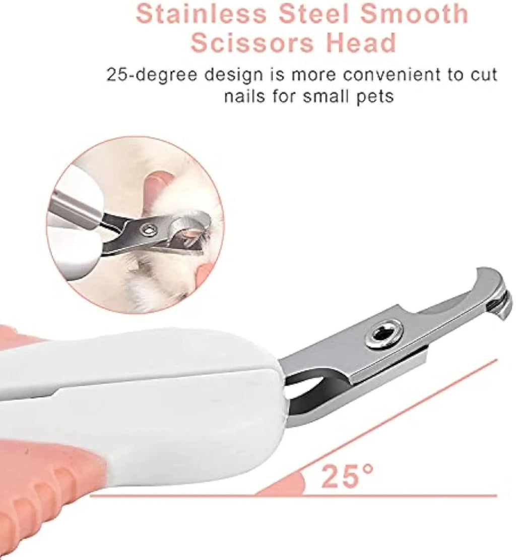 Grey and pink cat nail clippers with angled blade and safety guard on a table.