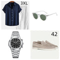 Man wearing a loose navy blue cotton linen short sleeve shirt and shorts beachwear set with glasses, shoes and watch.