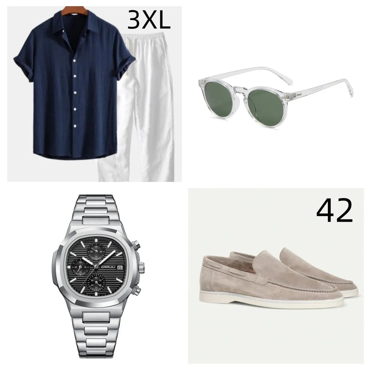 Man wearing a loose navy blue cotton linen short sleeve shirt and shorts beachwear set with glasses, shoes and watch.