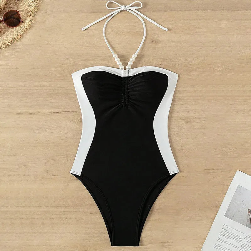 Pearl spaghetti straps one-piece swimsuit for women in black and white, slimming design