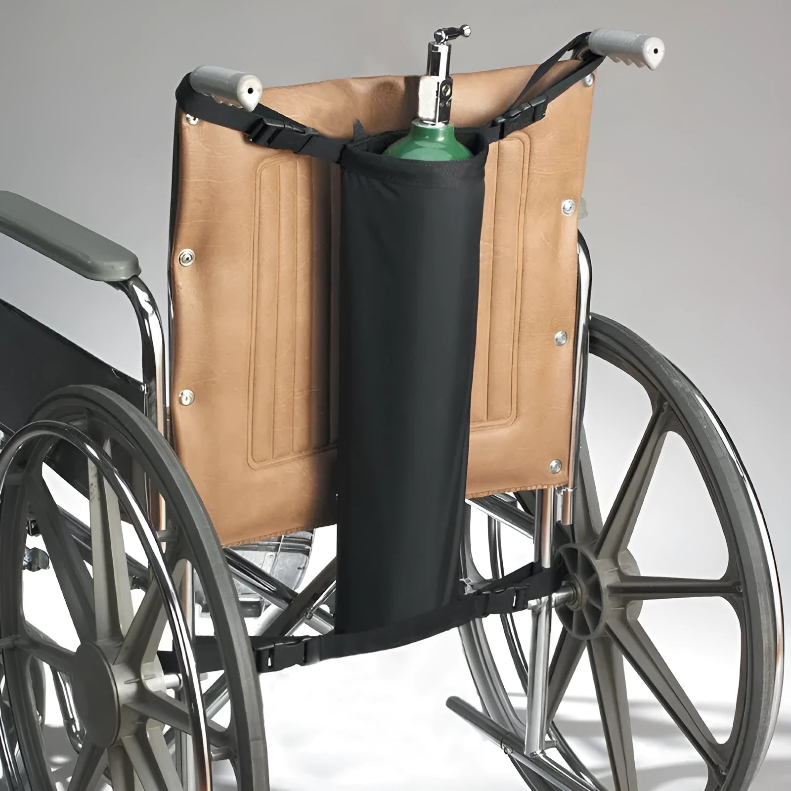 Black cylindrical wheelchair pannier bag made from 600D Oxford cloth for carrying an oxygen cylinder.